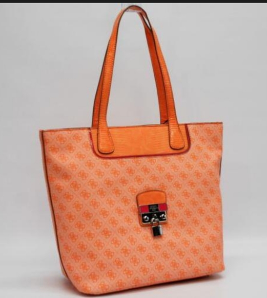 Guess Hewitt Orange Multi Signature Handbag Purse - Picture 2 of 10